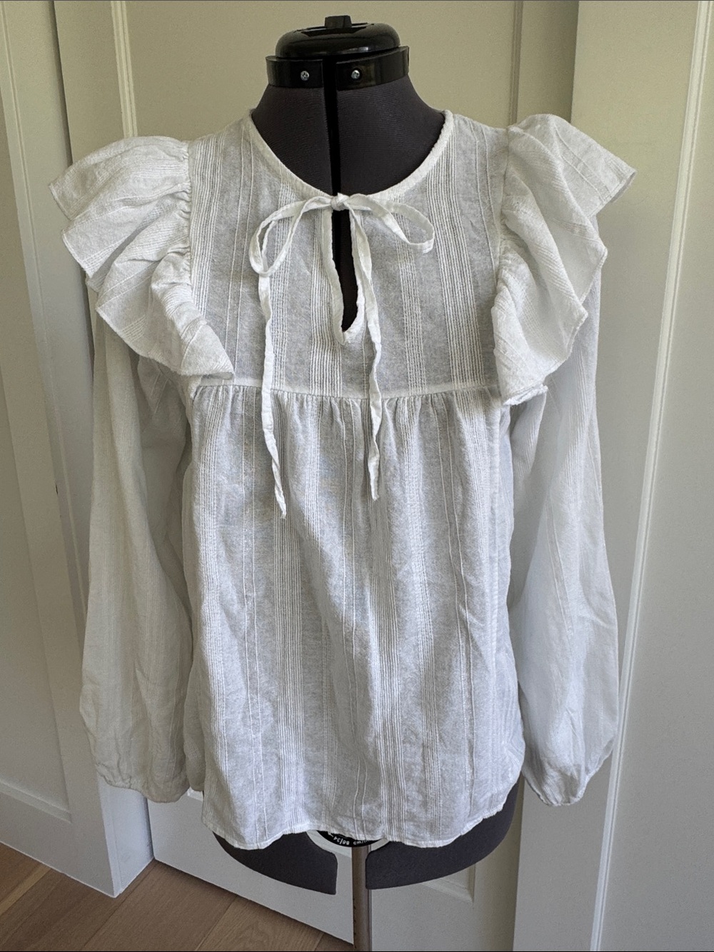 Women's White Ruffle-Yoke Tie-Neck Blouse